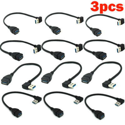 3Pcs USB 3.0 Angle 90 Degree Extension Cable Male to Female Adapter Cord Data