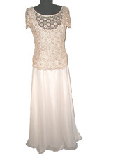 New JS Collections Embroidered Gold Lace Chiffon Gown Ivory Size 8