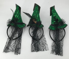 Set of 3 Halloween Headband Witch Hats Green One Size Fits Most Spider Web Veil
