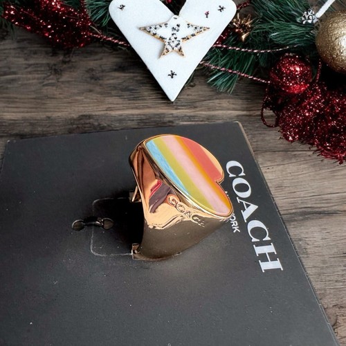 NWT Coach Striped Heart Ring Sz 6 Rainbow Resin and Gold + Box & Dust Bag Chunky - Picture 12 of 14
