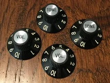 (4) Black Witch Hat Guitar Knobs / Bakelite  / Set Screw / .25" Pots / Vol Tone
