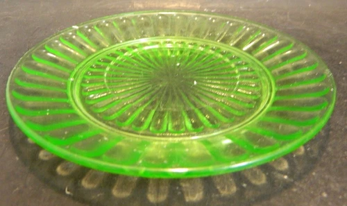 Vintage Ribbed Green Depression Uranium Glass 6.25" Dessert Plate Excellent Cond
