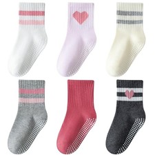 Toddler Grip Socks with Non-Slip, Unisex Baby Retro Stripe 3-5T 6 Pairs-pink