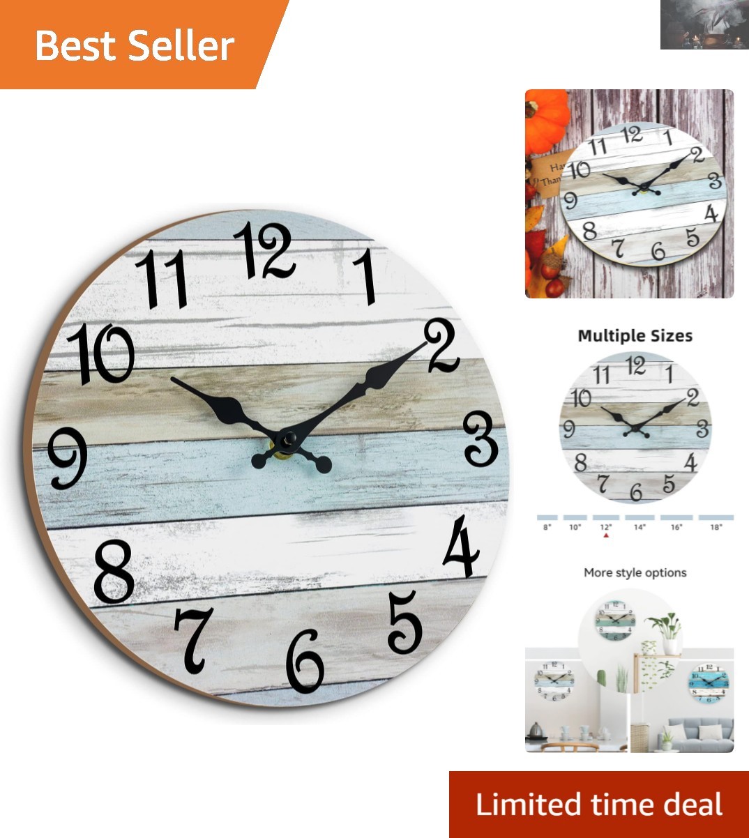 Elegant 12 Inch Silent Beach Wall Clock - Rustic Wooden Batt