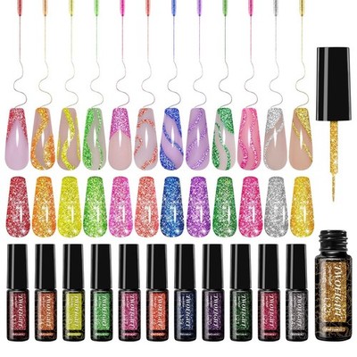 Reflective Glitter Nail Art Gel Liner Flash Diamond Painted Polish 12 Colors ...