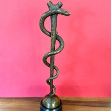Bronze Asclepius Sculpture Statue Caduceus Marble Medicine Snake Rod Vintage Art