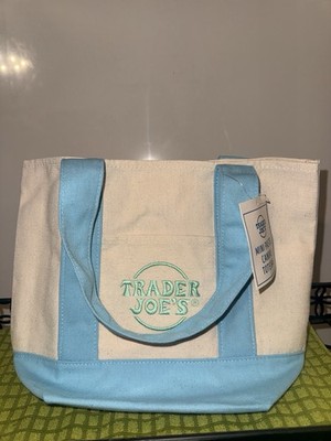 Trader Joe's Small Foldable Tote Bag Beige Blue Cotton Polyester