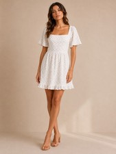 Anthropologie Line & Dot White Textured Mini Dress L Cottagecore Puff Sleeve