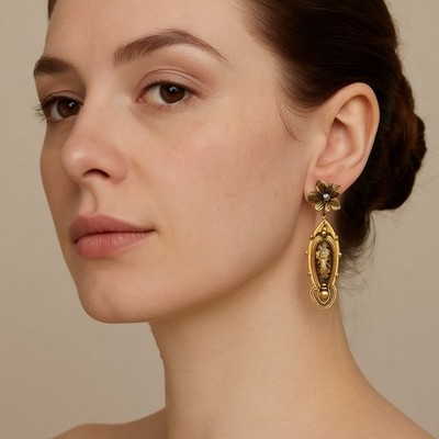 Antique Victorian 14K Gold Diamond Earrings Flower Floral Torpedo