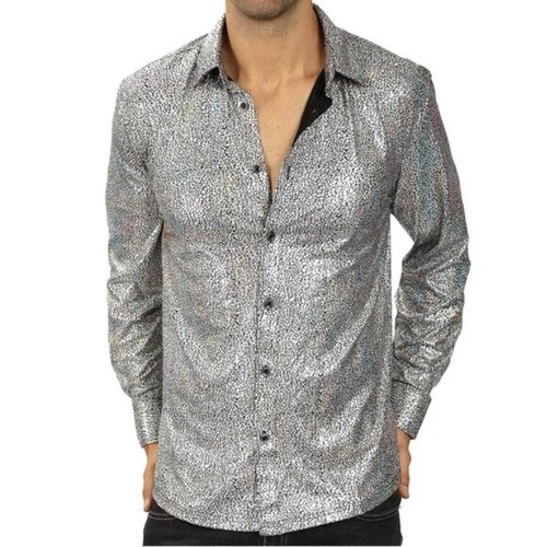 Wulful Disco Party Shirt Metalic Holographic Nightclub Herren Silber XL - Bild 2 von 16