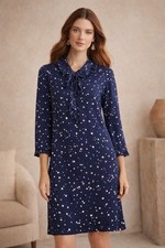 Kate Spade Large Navy Silk Dress Blue Star Print Tie Neck 3/4 Sleeve Ruffle Work