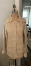 Vtg 70  s Hand Knit 100 Wool Cardigan Sweater Long Off White Warm M/L
