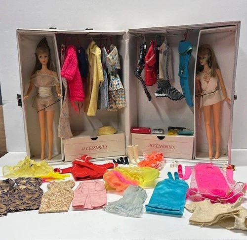Vintage 1968 Mattel Barbie Doll Vinyl Carrying Case W/Outfits & Many Accessories