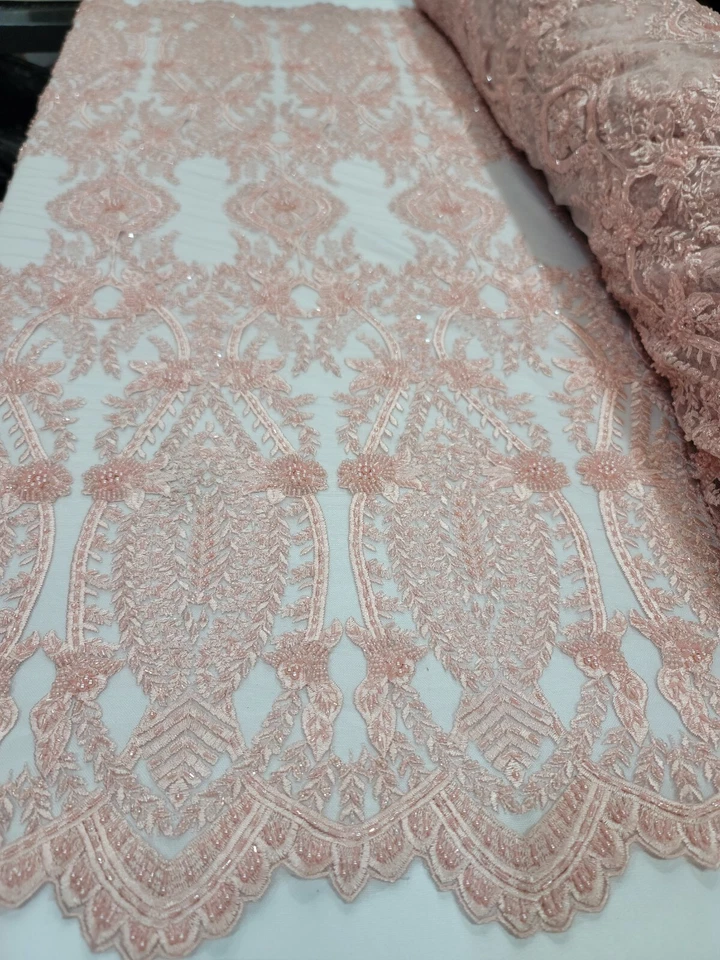 Beaded Lace Embroidered Sequin Mesh Flower  Wedding Dress By The Yard Blush Pink - Image 2 of 4