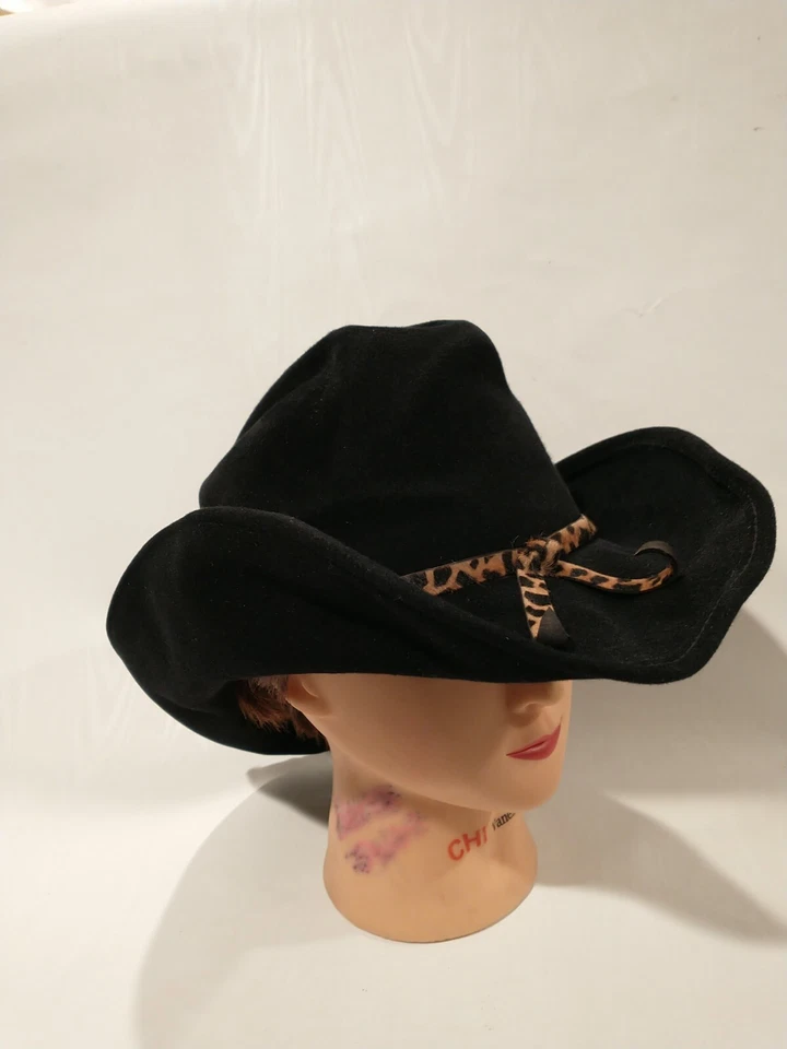 Chapéu Eric Javits New York Feminino-L ou Masculino-M Preto de Lã Cowboy Faixa de Leopardo - Imagem 4 de 4
