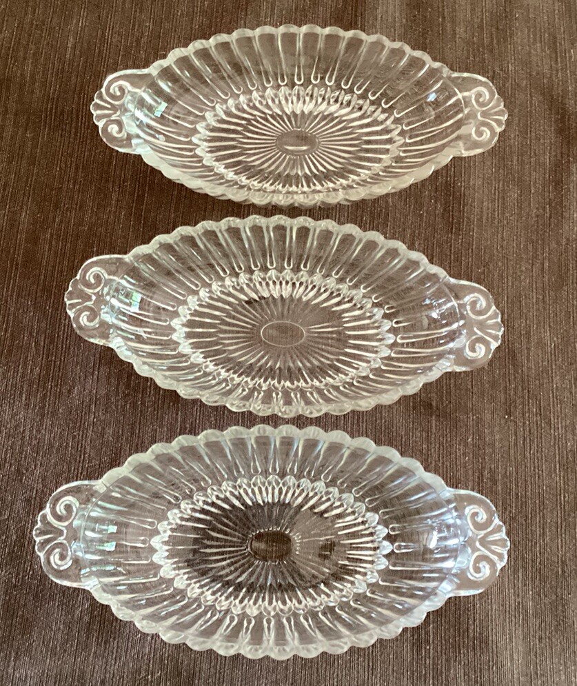 Three Vintage Clear Glass Dishes For Relish Or Ice Cream With Swirled Handles