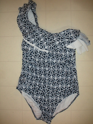 Profile By Gottex Blue & White 1 Pc One Shoulder Ruffle Swimsuit Sz 12 NWT