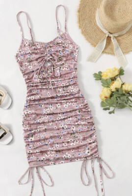 Ruched Drawstring Ditsy Floral Peekaboo Dress