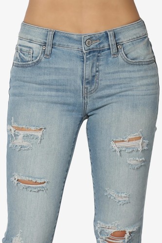 TheMogan Women's Distressed Ripped Mid Rise Stretch Perfect Skinny Jeans Light - Picture 13 of 14