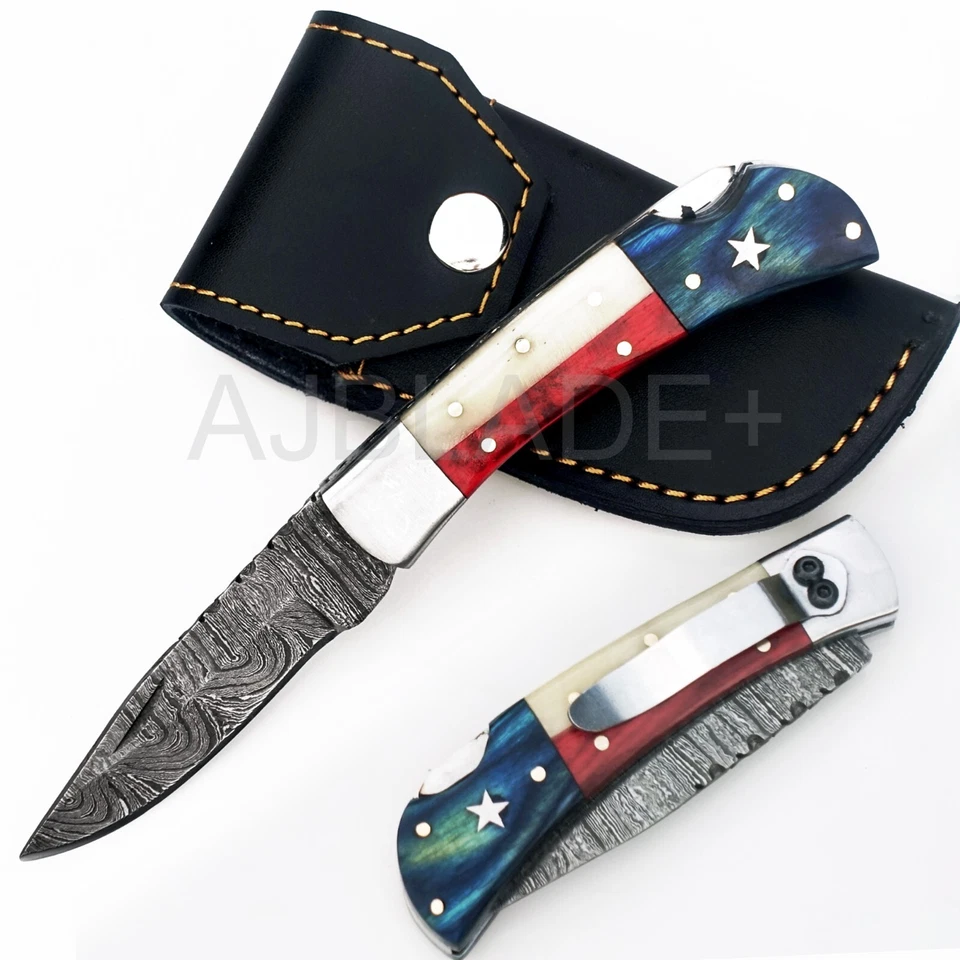 HANDMADE DAMASCUS STEEL BLADE TEXAS FLAG FOLDING POCKET KNIFE WITH SHEATH; 494 - Image 2 of 4