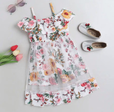 Girls White Floral Print Casual Dress