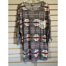 Yakeda USA L Aztec Print Long Sleeve Dress Crochet Pocket Boho Casual