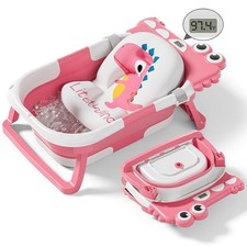 Foldable Baby Bath Tub Thermometer Soft Cushion Portable 0-36 Months Pink Drain