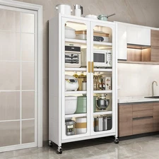 65" White 6-Tier Kitchen Pantry Cabinet with Wheels & Adjustable Shelves