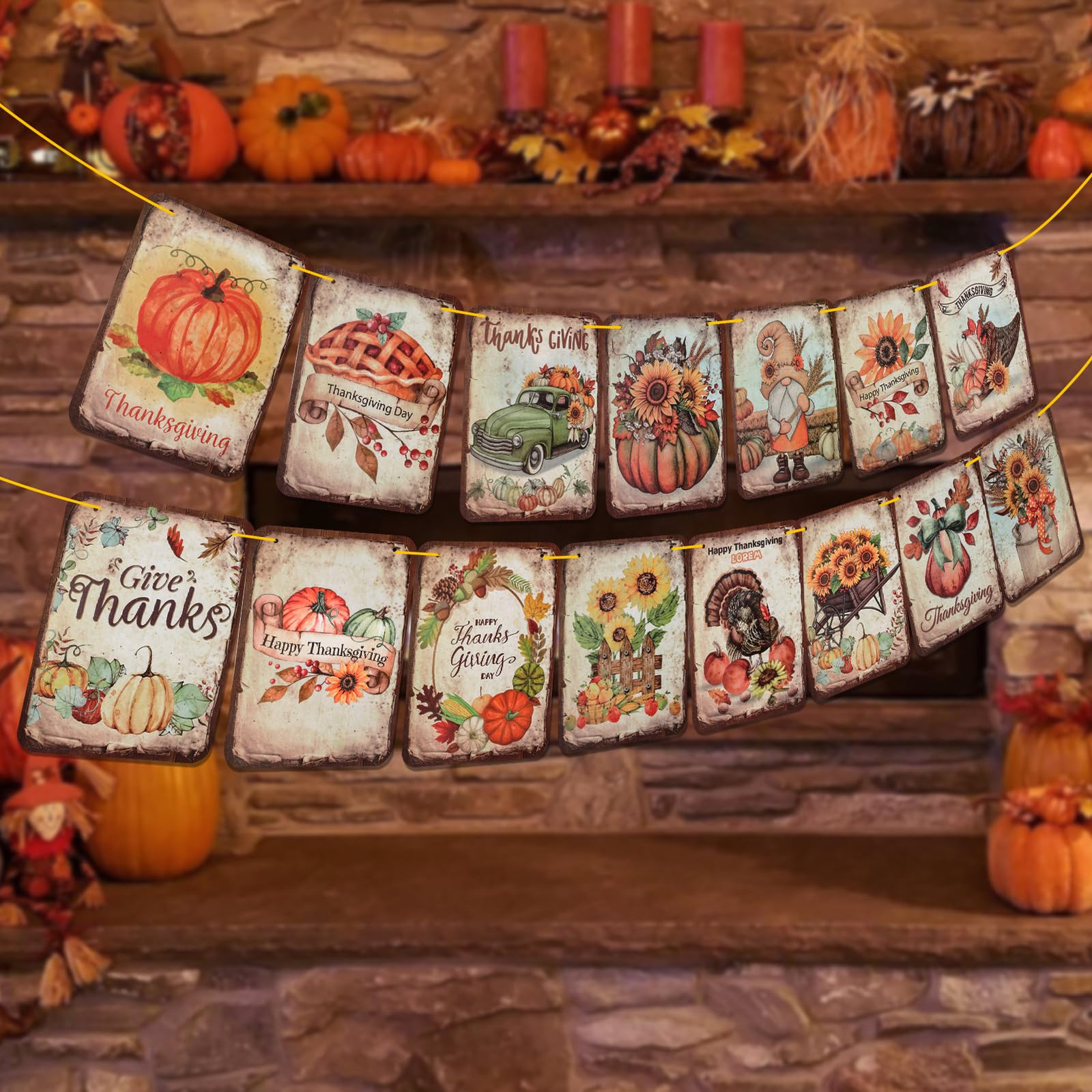 Vintage Thanksgiving Banner with Turkey and Pumpkin Fall Decor