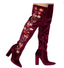 Garnet Floral Embroidered Over The Knee Boots Size 6
