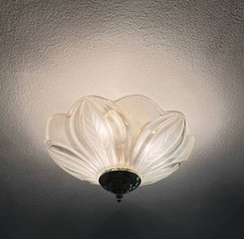 Vintage MCM Brass Frosted/ Clear Glass Flower Flush Mount Ceiling Light Fixture