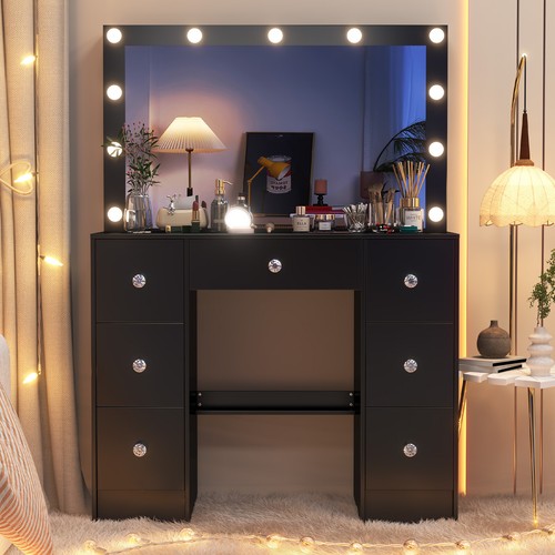 Black Dressing Table with 7 Drawers + 11 LED Blubs Dimmer Mirror Vanity Dresser - Picture 3 of 19