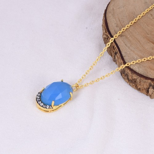 14K Gold Plated Jewelry 925 Sterling Silver Blue Chalcedony CZ Chain Pendant - Picture 4 of 9