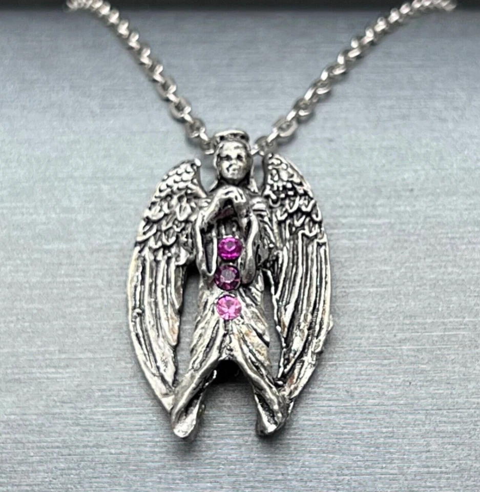 Collar de cadena de plata con pedrería de cristal rosa colgante de ángel gótico vintage Foto 3 de 4