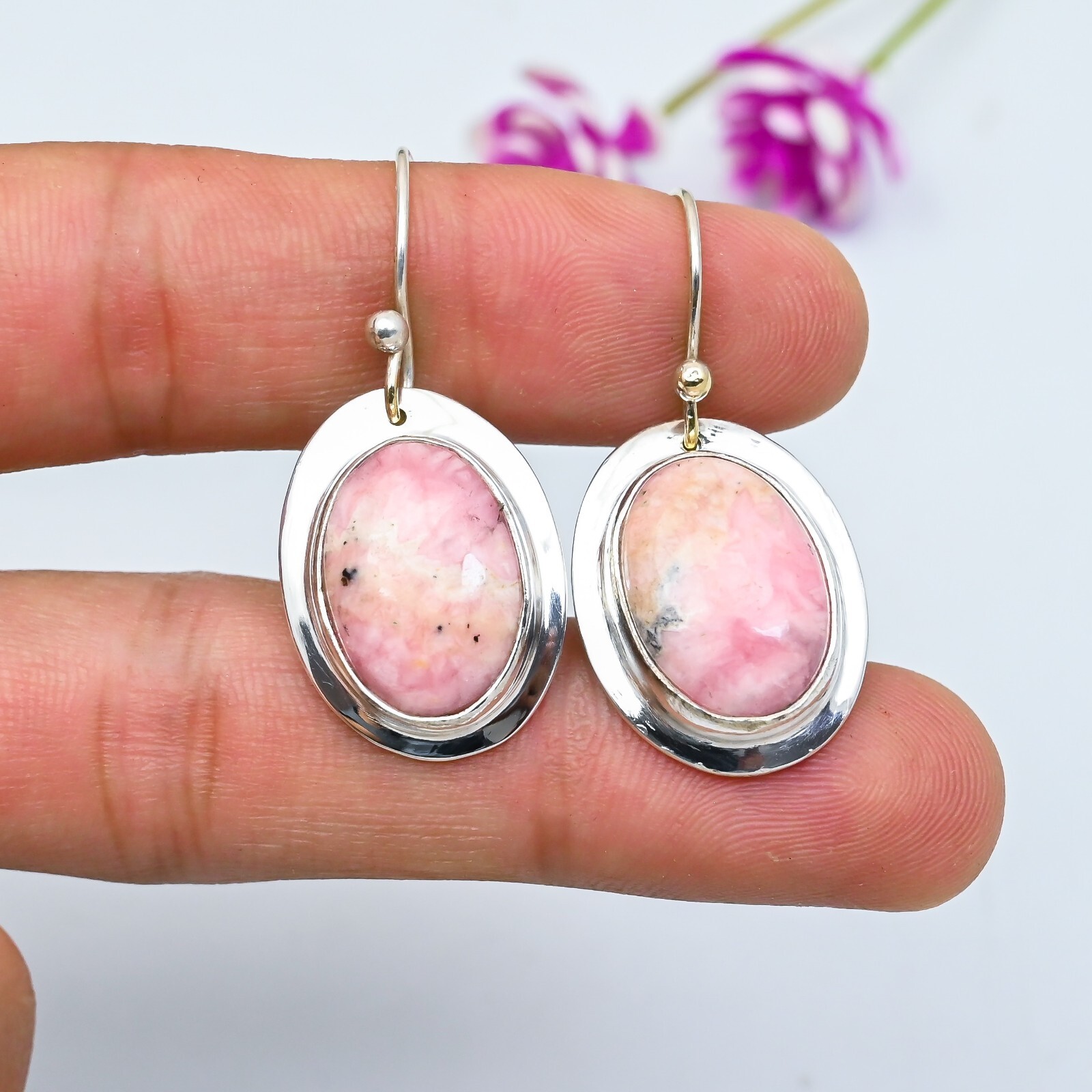 Natural Rhodochrosite Gemstone 925 Sterling Silver Handmade Earrings