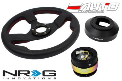 NRG 320mm Race Leather RD St Steering Wheel 141H Hub 2.0 Black Neo Quick Release