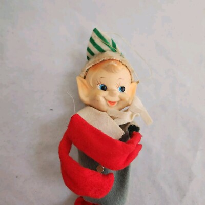 Vintage Green Knee Hugger Elf Pixie Christmas Ornament Stripped Hat AS IS READ