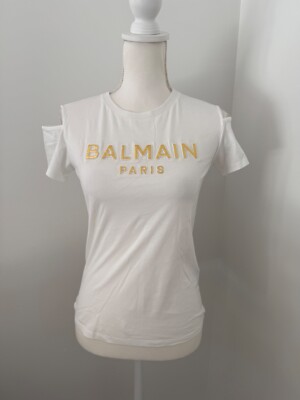 BALMAIN Paris Gold Puffy Printed Logo Short Sleeve Tee Shirt Summer Designer Top