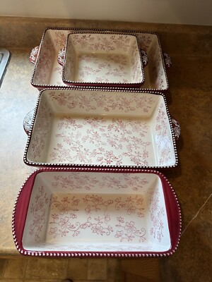 Temptations by Tada (red floral lace) Bakeware. Every item oven friendly.