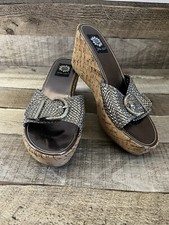 Yellow Box Braided Metallic Rhinestone Buckle Cork Wedge Sandals Size 10