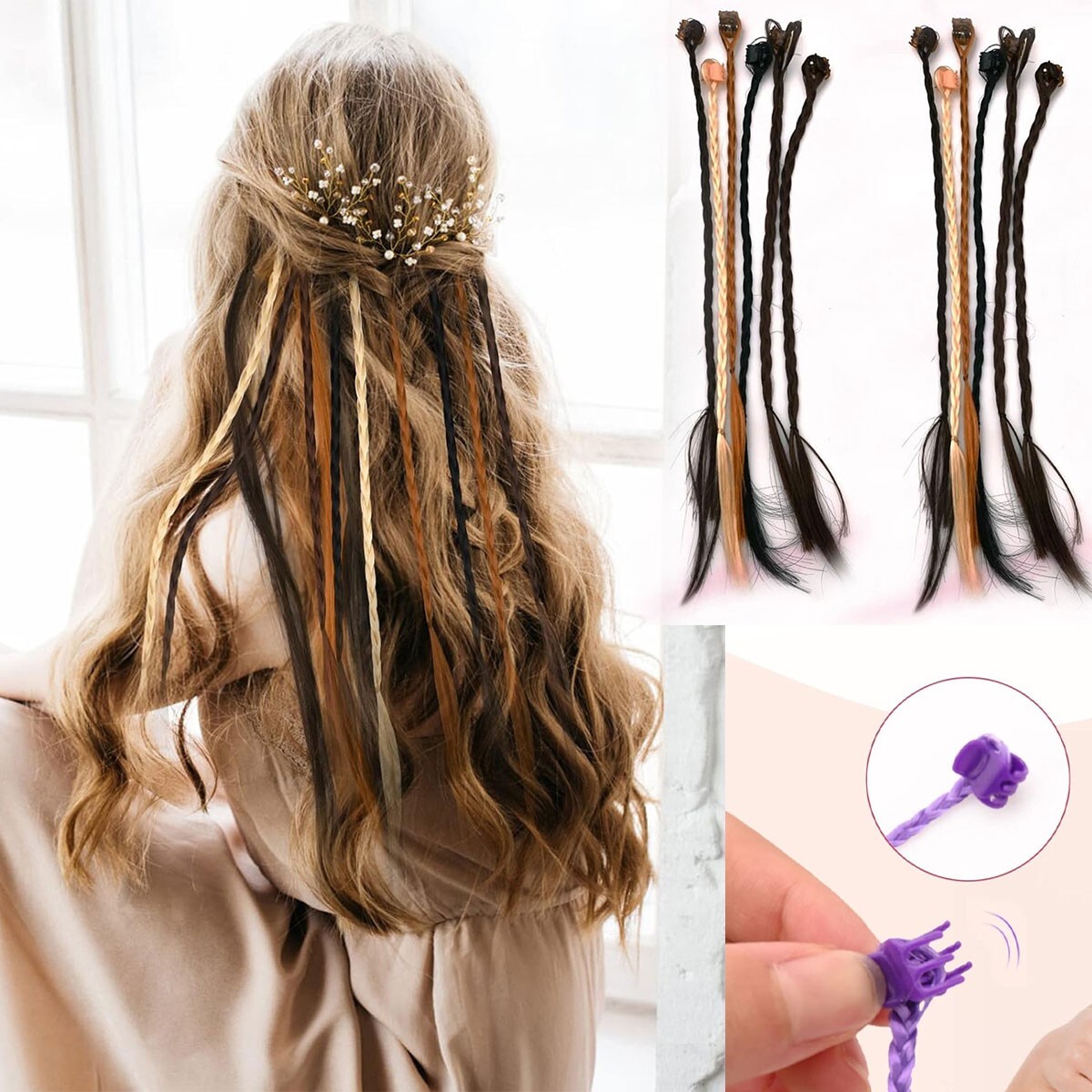 24 pieces Hair Braid Extensions Attachment clips Pin Fake Hair for