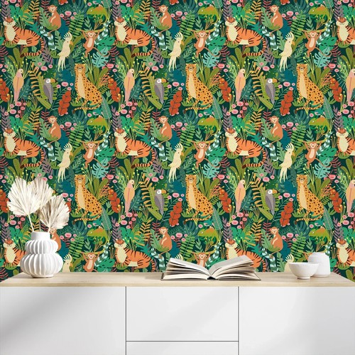 CHIHUT Jungle Animal Wallpaper 17.7”x100” Peel and Stick Wallpaper Wall Art NEW - Picture 3 of 8