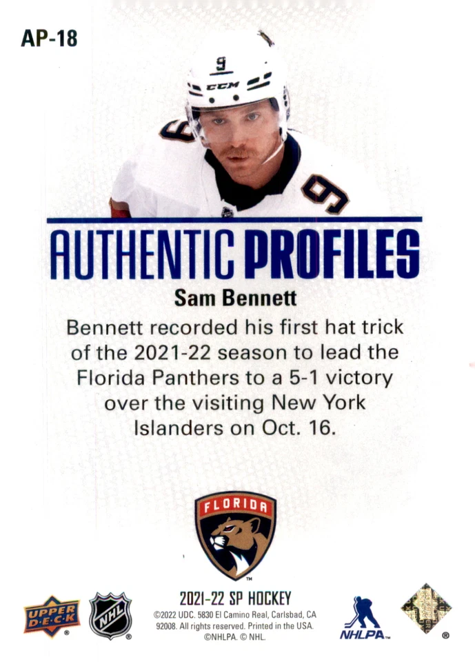 2021-22 SP Hockey #AP-18 Sam Bennett Authentic Profiles Blue - Image 2 of 2