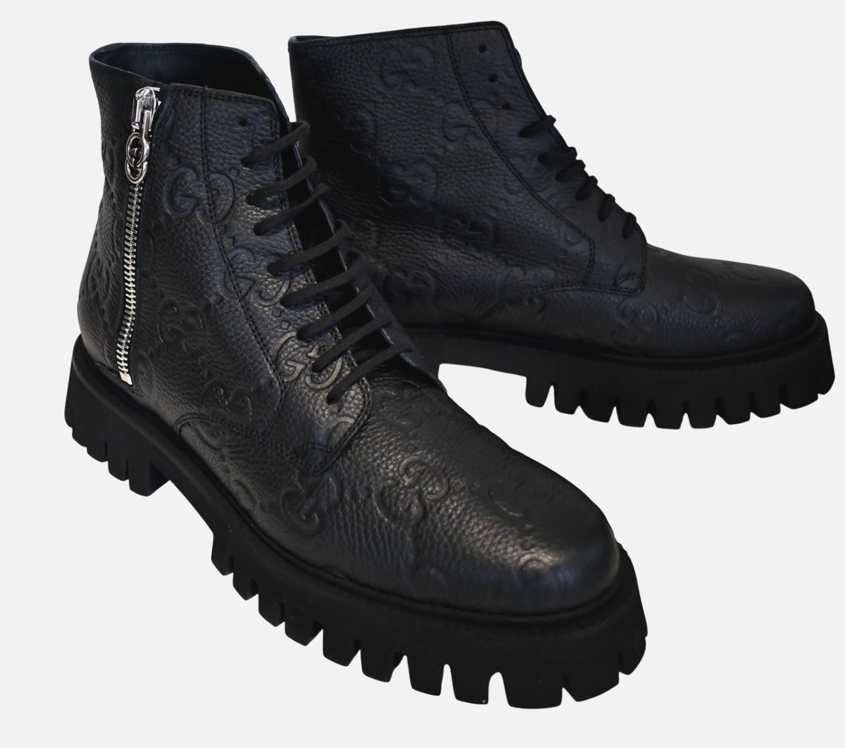🆕️GUCCI Black GG SUPREME LUG SOLE LEATHER COMBAT Boots Men's