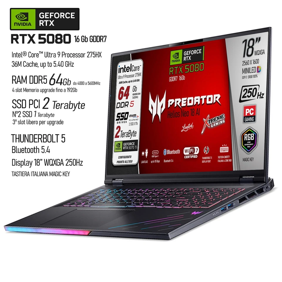Acer Predator Helios Neo 18" AI, Ultra9, SSD 2TB, RAM 64GB, RTX5080, Win11 Pro - Immagine 2 di 4