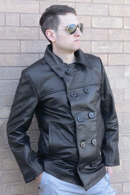 leather navy pea coat