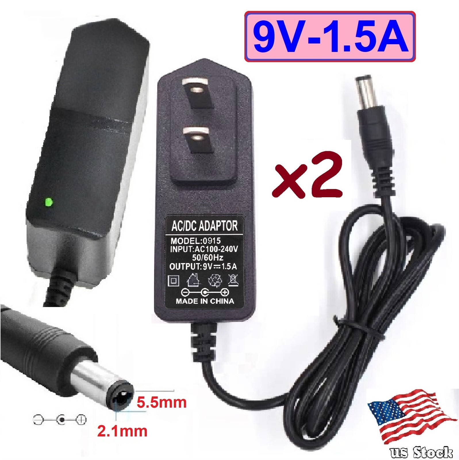 2Pack 9V 1.5A AC/DC Adapter (wall wart) Power Supply with 5.5x2.1mm