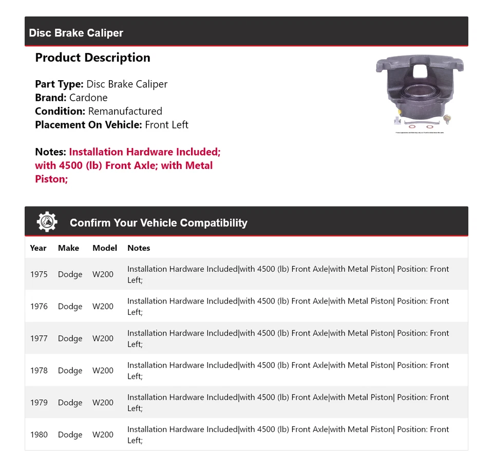 Штангенциркуль переднего левого дискового тормоза для Dodge W200 1975-1980 годов выпуска 1976 1977 1978 годов выпуска - Изображение 2 из 4