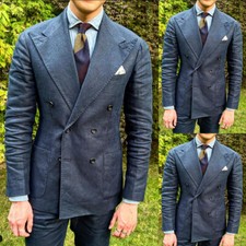 Navy Denim Men's Suits Double Breasted Wedding Business Tuxedos Peak Lapel Slim