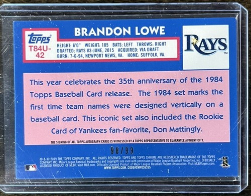 BRANDON LOWE 2019 Topps 1984 Silver Pack Mojo Refractor AUTO Rookie Card #98/99 - Picture 2 of 2